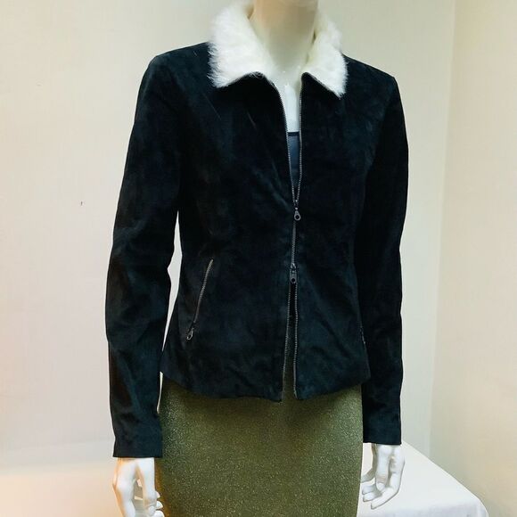 PETER COHEN ZIP FRONT FITTED SUEDE JACKET NWOT BLACK WHITE COLLAR DEATIL - Picture 5 of 6